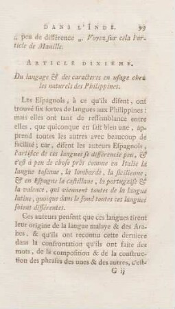Article dixieme. Du langage & des caracteres en usage chez le naturels des Philippines