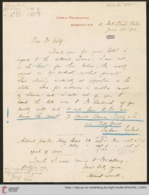 Briefe von Percival Lowell an Max Wolf: Brief von Percival Lowell an Max Wolf