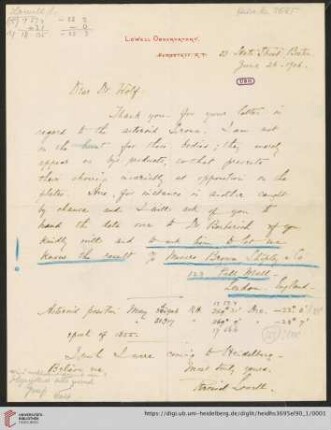 Briefe von Percival Lowell an Max Wolf: Brief von Percival Lowell an Max Wolf