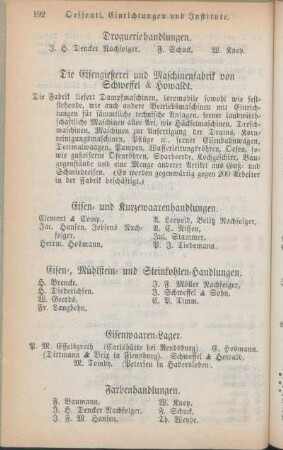 Die Eisengießerei und Maschinenfabrik von Schweffel & Howaldt. Eisen- und Kurzewaarenhandlungen. Eisen-, Mühlstein- und Steinkohlen-Handlungen. Eisenwaaren-Lager.