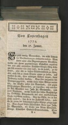 Von Copenhagen 1772. den 17. Jenner.