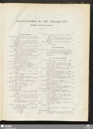 Inhalts-Verzeichniss des VIII. Jahrganges 1873 geordnet nach den Autoren