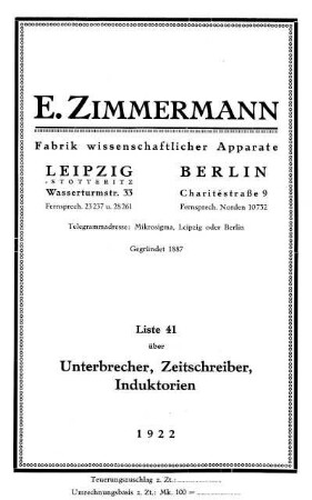 Liste 41: Über Unterbrecher, Zeitschreiber, Induktorien