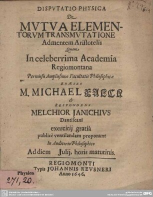 Disputatio Physica De Mutua Elementorum Transmutatione Admentem Aristotelis