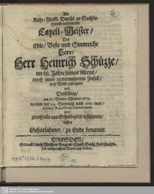 Als ... Capell-Meister ... Heinrich Schüzze ... geseegnet ...