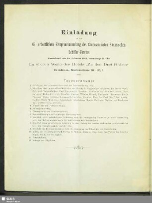 Einladung zu der 69. ordentlichen Hauptversammlung des Concessionirten Sächsischen Schiffer-Vereins