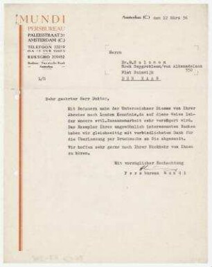 Brief von Mundi, Persbureau, Amsterdam an Erich Salomon