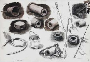 Im Stahlwerk (Studienblatt mit Arbeitsgeäten und Schamottesteinen 2)