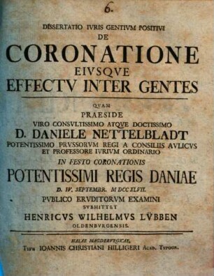 Dissertatio Ivris Gentivm Positivi De Coronatione Eivsqve Effectv Inter Gentes