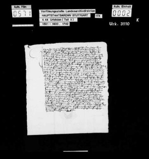Melchior Cristian zu Pleidelsheim wegen einiger Vergehen beim Bauernaufruhr zu Verlassen des Amts Marbach verurteilt, jedoch auf Fürbitten des Junkers Jakob von Bernhausen gegen eine Geldstrafe von 4 fl begnadigt, schwört U. und verspricht, fortan keine Wehr außer einem abgebrochenen Brotmesser zu tragen, offene Zechen zu meiden und an keinem Aufruhr mehr teilzunehmen.