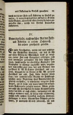 IV. Beweisgründe, nach welcher Art der Feld- und Ackerbau in unserm Oesterreich bis anhero gewöhnlich gewesen.
