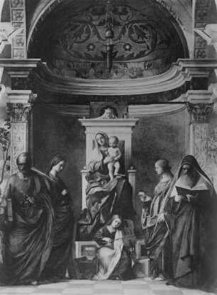 Thronende Maria mit dem Kind, die Heiligen Petrus, Katharina von Alexandrien, Lucia, Hieronymus, ein musizierende Engel