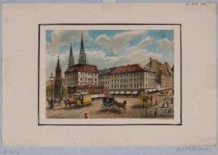Der Postplatz in Dresden nach Nordosten mit Cholera-Brunnen, den Türmen der Sophienkirche und dem Eingang in die Wilsdruffer Straße (v. l. n. r.)