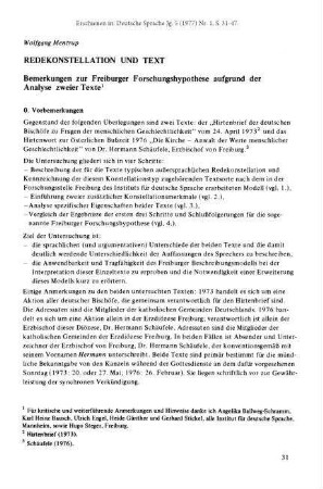Redekonstellation und Text. Bemerkungen zur Freiburger Forschungshypothese aufgrund der Analyse zweier Texte