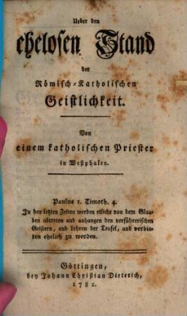 Ueber den ehelosen Stand der Römisch-Katholischen Geistlichkeit