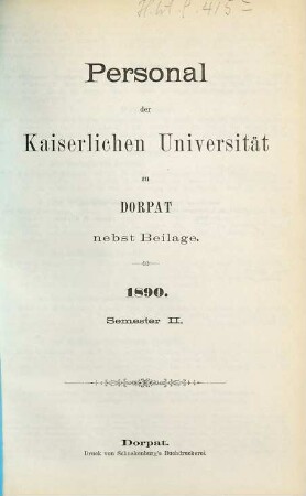 Personal der Kaiserlichen Universität zu Dorpat. 1890, Sem. 2