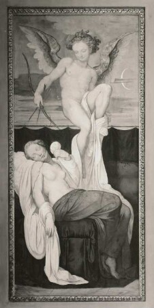 Amor belauscht die schlafende Psyche : Freskenzyklus Amor und Psyche. Bild 2: Amor belauscht die schlafende Psyche. Fresko; 2,72 x 0,70 m (1838; M. von Schwind). Gartenpavillon des Schlosses Rüdigsdorf