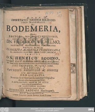 Dissertatio Iuridica Solennis Loco Inauguralis De Bodemeria