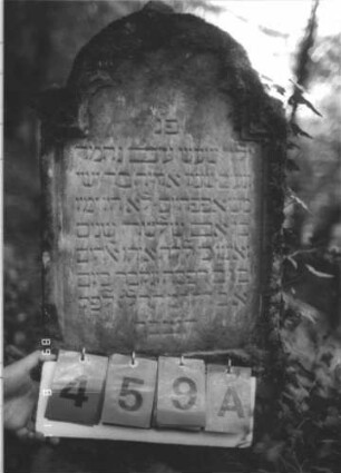 Grabstein 459 (Index: 99800207) Material: Sandstein Zustand: stark verwittert, unten angeschlagen und abblätternd Maße HxBxT: 83x41x14 cm Beschreibung: Stele, eingezogener Rundbogenabschluß mit Verdachung, Schriftfeld eingetieft, Sockel Besonderheit: Kindergrab: Grabstein 459A