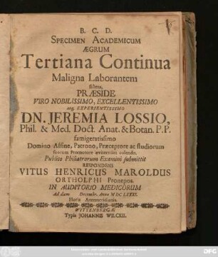 Specimen Academicum Aegrum Tertiana Continua Maligna Laborantem sistens