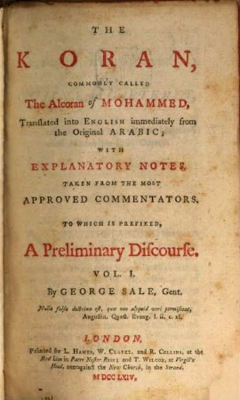 The Koran : Commonly Called The Alcoran of Mohammed, 1