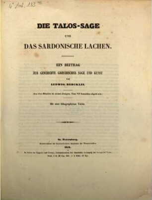 Die Talos-Sage u. das Sardonische Lachen : Ein Beitrag zur Geschichte griechischer Sage u. Kunst. Mit zwei lithograph. Tafeln