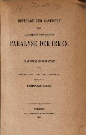 Beiträge zur Casuistik der allgemeinen progressiven Paralyse der Irren