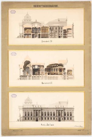 Reichstag, Berlin Zweiter Wettbewerb: 2 Querschnitte und Seitenansicht 1:200