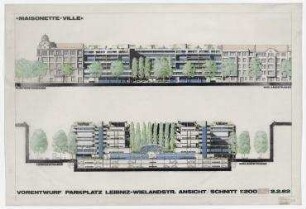 Gutachten Wohn- und Geschäftsbebauung Wielandstraße (nicht realisiert), "Maisonette-Ville" – Ansicht, Schnitt. Berlin-Charlottenburg, Wielandstraße 19-21, Leibnizstraße 49-53