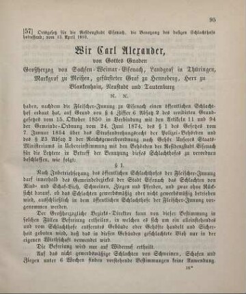 57. Ortsgesetz für die Residenzstadt Eisenach, die Benutzung des dasigen Schlachthofs betreffend