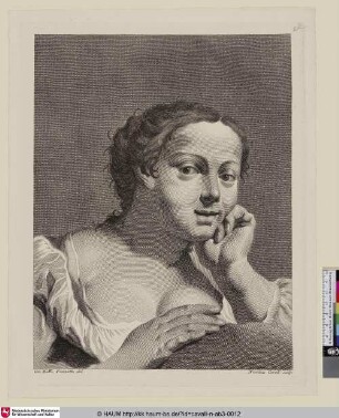 Portrait einer jungen Frau, ihren Kopf zaghaft an ihre linke Hand stützend und nach rechts blickend.