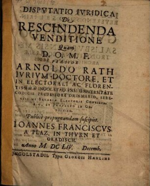 Dispvtatio Ivridica De Rescindenda Venditione