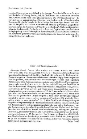 Cowan, Alexander Francis :: The urban patriciate, Lübeck and Venice 1580 - 1700, (Quellen und Darstellungen zur hansischen Geschichte, N,F., 30) : Köln u.a., Böhlau, 1986