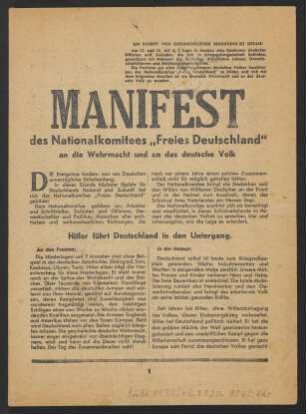 Manifest des Nationalkomitees" Freies Deutschland" an die Wehrmacht und an das deutsche Volk