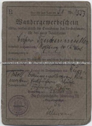 Wandergewerbeschein der Hamburger Gewerbepolizei für einen Textil- und Kurzwaren-Händler