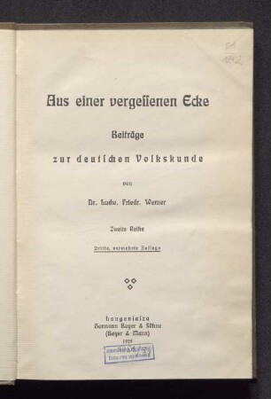 Reihe 2: Aus einer vergessenen Ecke : Beiträge zur deutschen Volkskunde