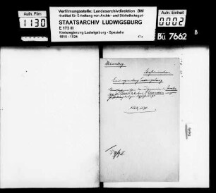 Streitsache zwischen der Teilgemeinde Stocksberg, Gde. Beilstein, Oberamt Marbach, und Löwenstein wegen Herstellung des sogen. Salzfuhrwegs, desgl. zwischen der fürstl. Löwenstein'schen Standesherrschaft und der Gde. Vorhof und Unterheinriet wegen einer Baulast