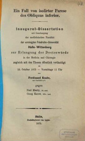 Ein Fall von isolirter Parese des Obliquus inferior : Inaugural-Dissertation