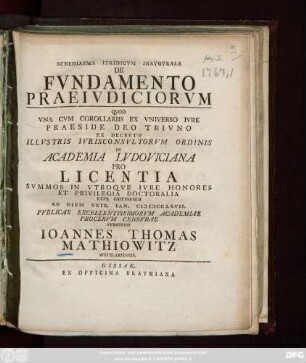 Schediasma Ivridicvm Inavgvrale De Fvndamento Praeiudiciorvm
