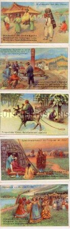 Sammelbilder der Serie "Bilder aus Ostasien", mit Werbung für Diamantine-Schuhcreme der Firma Rudolf Starcke; um 1900