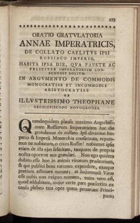 Oratio Gratulatoria Annae Imperatricis, De Collato Caelitus Ipsi Rossiaco Imperio, ...