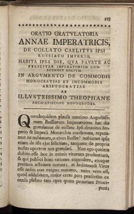 Oratio Gratulatoria Annae Imperatricis, De Collato Caelitus Ipsi Rossiaco Imperio, ...