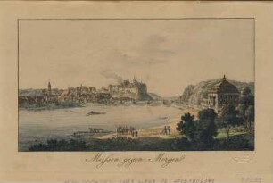 Ansicht von Meißen, Umrißradierung, um 1840 : Meißen gegen Morgen. - [S.l.] , [um 1840]. - 1 Kunstbl. : kolor. Umrißradierung ; 15 x 9 cm
