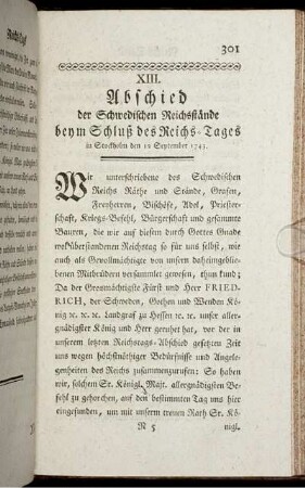 XIII. Abschied der Schwedischen Reichsstände beym Schluß des Reichs-Tages in Stockholm den 12 September 1743.