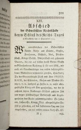 XIII. Abschied der Schwedischen Reichsstände beym Schluß des Reichs-Tages in Stockholm den 12 September 1743.
