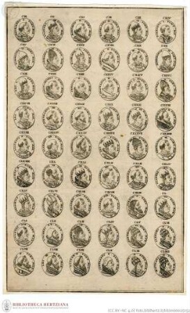 Unbekannte Serie je 54 numerierter Papstbildnisse in hochovalen Medaillons, 54 (6x9 angeordnete) Papstporträts in numerierten, hochovalen Medaillons: Hadrian II. bis Nikolaus II. (Nr. CIX bis Nr. CLXII)