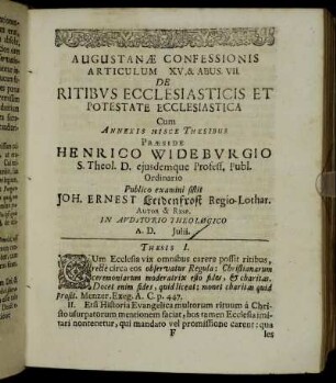 Augustanæ Confessionis Articulum XV. & Abus VII. De Ritibus Ecclesiasticis Et Potestate Ecclesiastica [...]