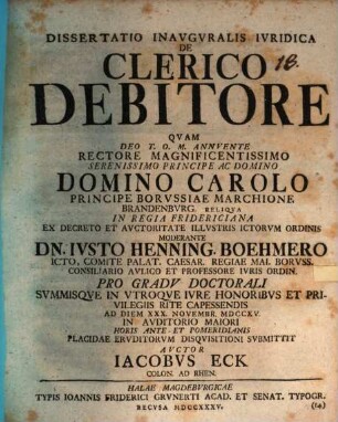 Diss. inaug. iur. de clerico debitore