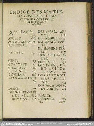 Indice Des Matieres Principales, Dieux Et Deesses Contenues En Ce Present Œuvre