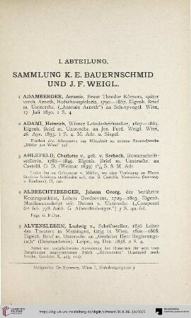 I. Abteilung. Sammlung K. E. Bauernschmid und J. F. Weigl (Nr. 1-458)